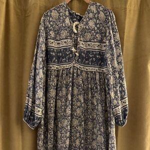 R Vivimos Dress 2XL Slate White Floral Peasant Boho Cottagecore Long Sleeve Midi